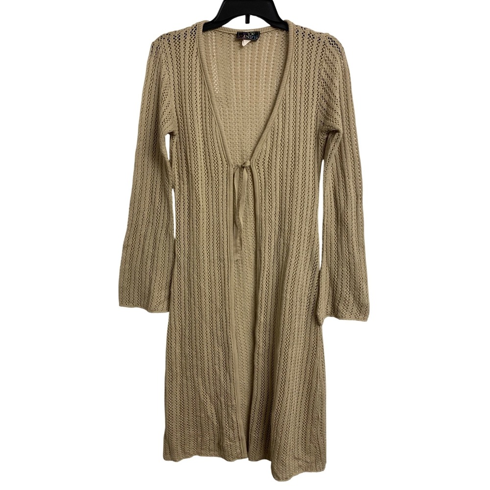 Eye Candy Tan Open Knit Longline Cardigan Duster Tie Front Bell Sleeve Large